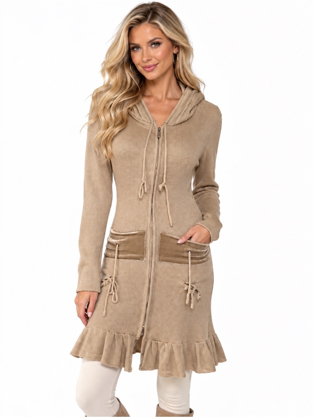 Murmur Women’s Small Beige Knit Hooded Zip Cardigan Sweater Dress Ruffle Hem